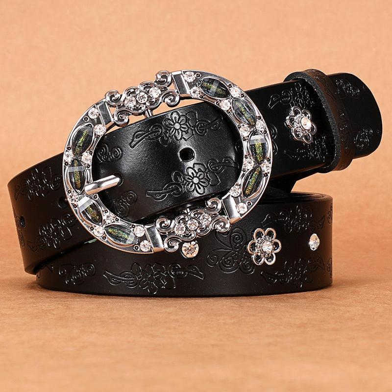 Women's Leather Belt Oval Metal Pin Buckle Inlaid Rhinestone Crystal