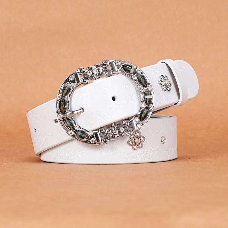 Women's Leather Belt Oval Metal Pin Buckle Inlaid Rhinestone Crystal
