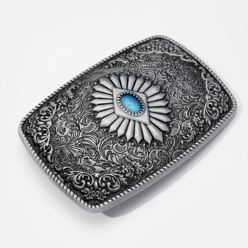 Vintage Turquoise Belt Buckle Geometric Engraved Western Cowboy Accessories