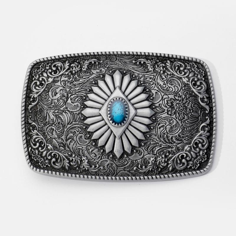 Vintage Turquoise Belt Buckle Geometric Engraved Western Cowboy Accessories