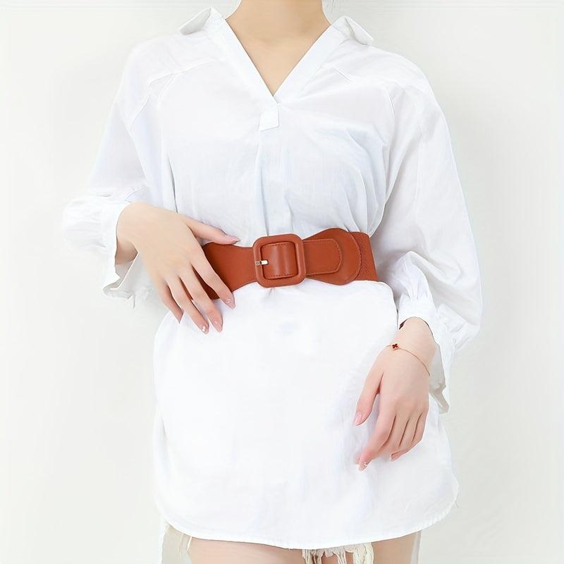 Vintage Square Buckle Wide Elastic Braided Belt Girdle Women Dress Accessories