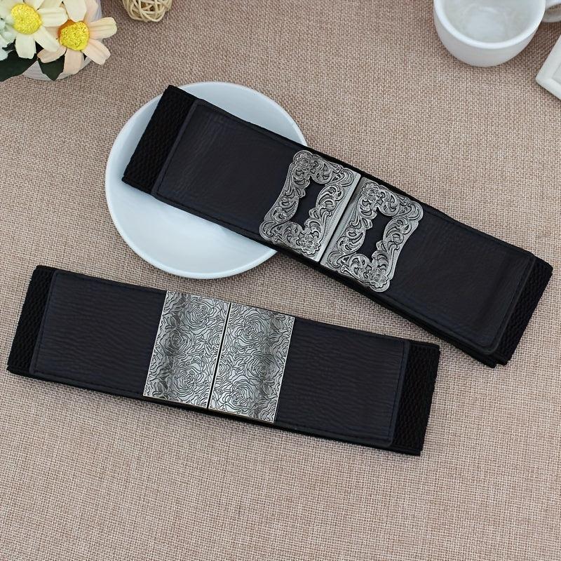 Vintage Geometric Buckle Girdle For Women Elastic Wide Waistband