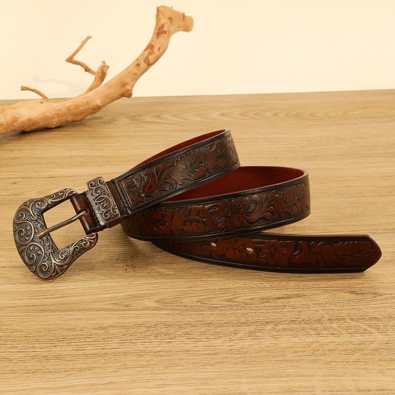 Western Carved Buckle Embossed Belt Distressed Flower Pattern Cowboy Cowgirl