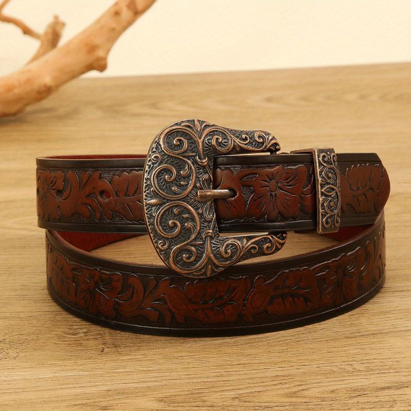 Western Carved Buckle Embossed Belt Distressed Flower Pattern Cowboy Cowgirl