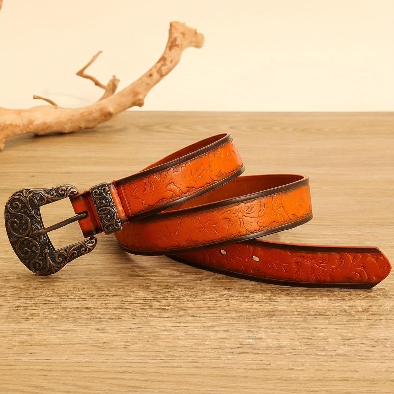 Western Carved Buckle Embossed Belt Distressed Flower Pattern Cowboy Cowgirl