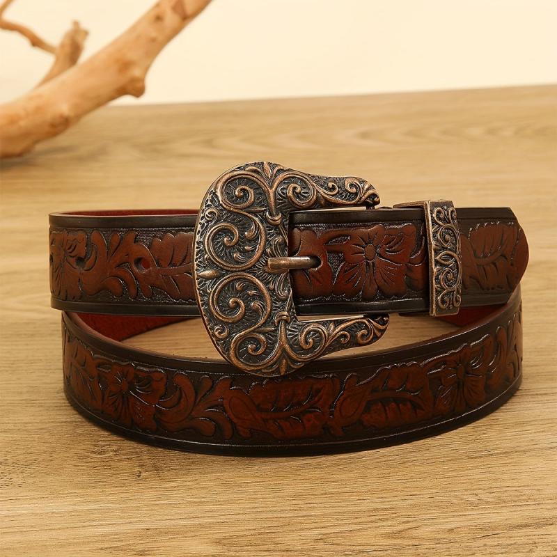 Western Carved Buckle Embossed Belt Distressed Flower Pattern Cowboy Cowgirl