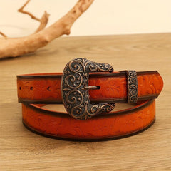 Western Carved Buckle Embossed Belt Distressed Flower Pattern Cowboy Cowgirl