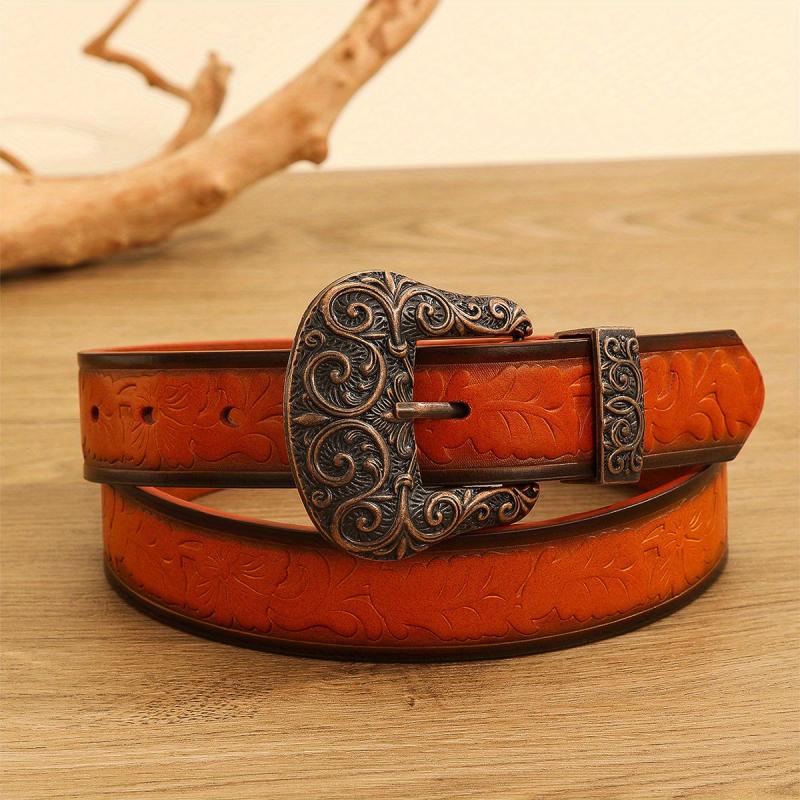 Western Carved Buckle Embossed Belt Distressed Flower Pattern Cowboy Cowgirl
