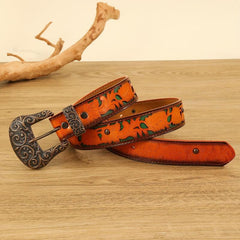 Vintage Carved Buckle Flower Embossed Belt PU Belt For Women Men