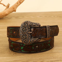 Vintage Carved Buckle Flower Embossed Belt PU Belt For Women Men