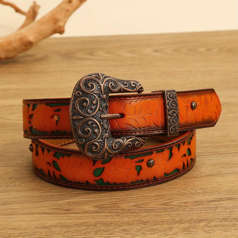 Vintage Carved Buckle Flower Embossed Belt PU Belt For Women Men