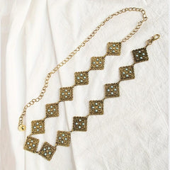 Geometric Flower Carved Waist Chain Turquoise Inlay Vintage Square Chain