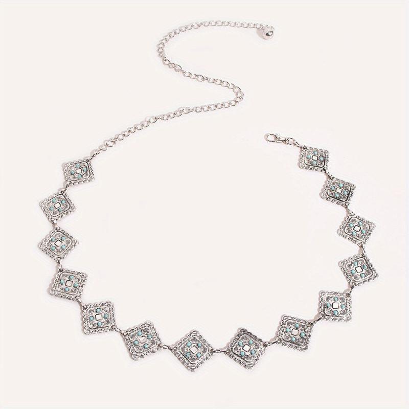 Geometric Flower Carved Waist Chain Turquoise Inlay Vintage Square Chain