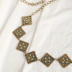 Geometric Flower Carved Waist Chain Turquoise Inlay Vintage Square Chain