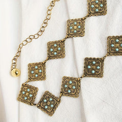 Geometric Flower Carved Waist Chain Turquoise Inlay Vintage Square Chain