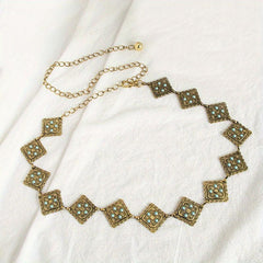 Geometric Flower Carved Waist Chain Turquoise Inlay Vintage Square Chain