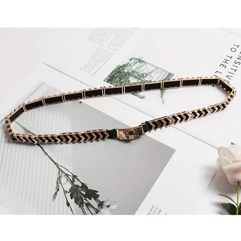 Geometric Linked Metal Belt Golden Waistband Dress Girdle Elastic Thin