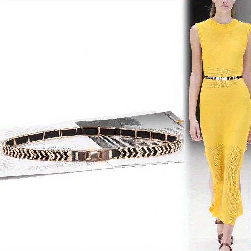Geometric Linked Metal Belt Golden Waistband Dress Girdle Elastic Thin
