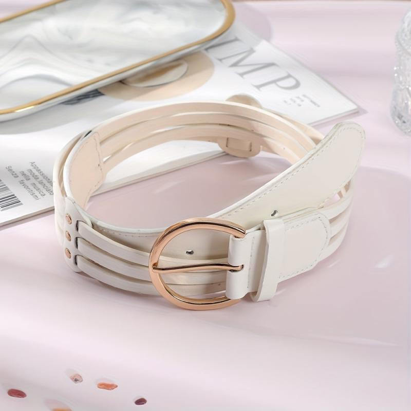 Hollow Out PU Belt Round Golden Pin Buckle Waistband for Women