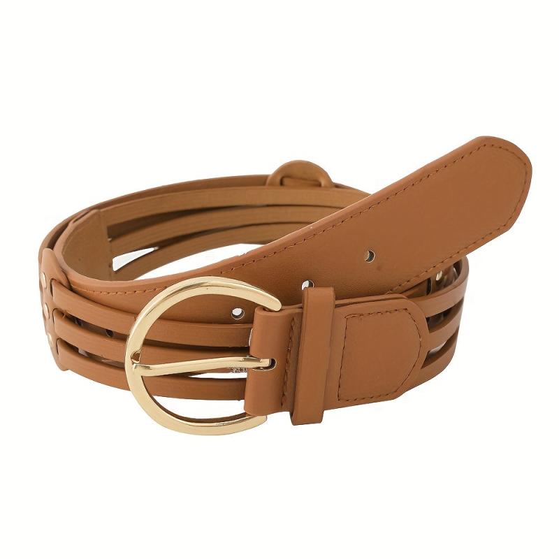 Hollow Out PU Belt Round Golden Pin Buckle Waistband for Women