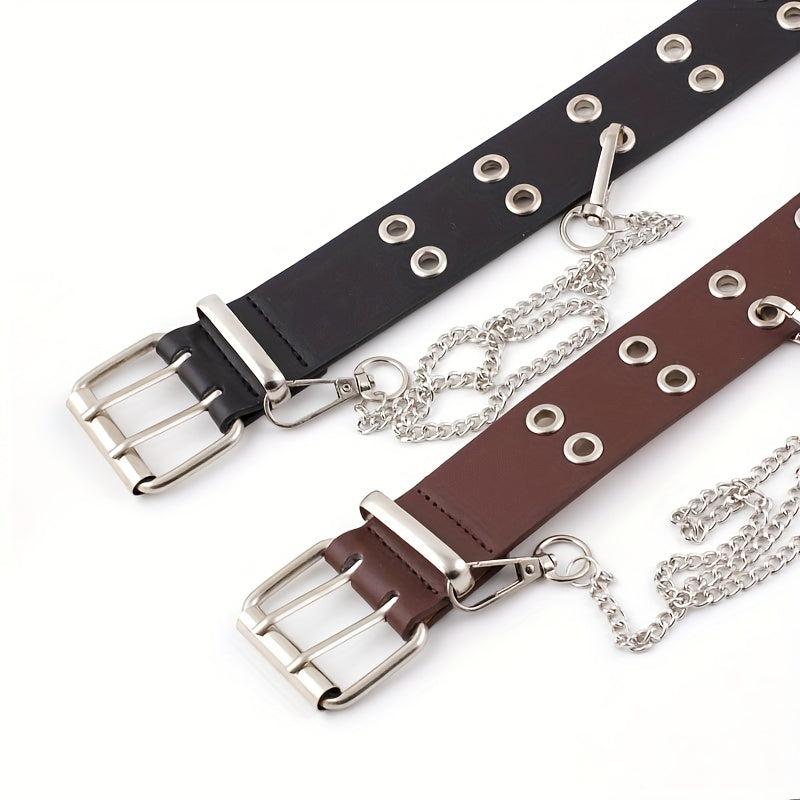 Rivet Stud Punk Belt Metal Chain Tassel Hip Wide Belt Double Pin Buckle