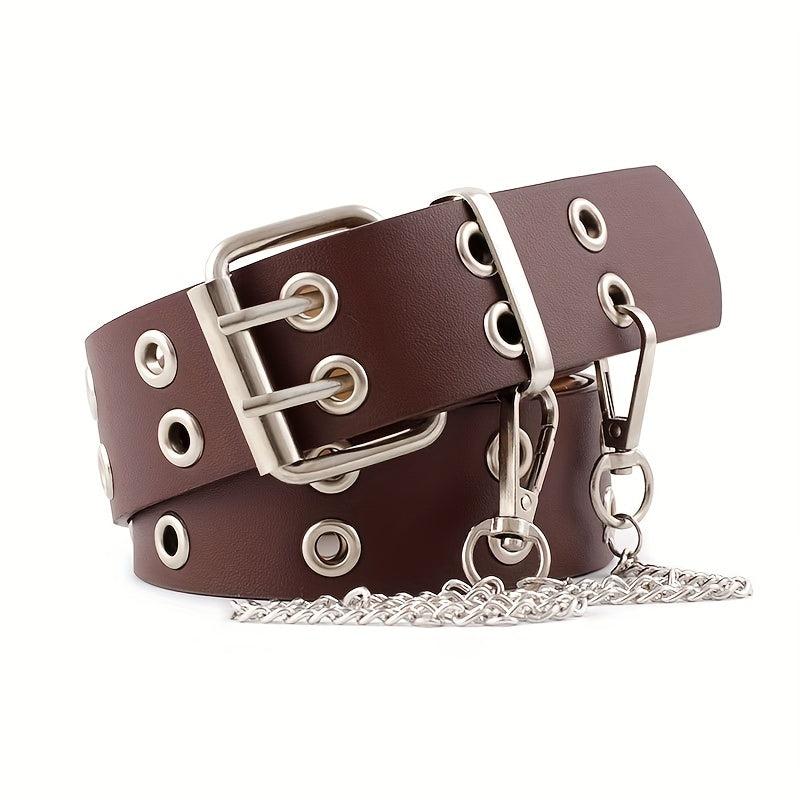Rivet Stud Punk Belt Metal Chain Tassel Hip Wide Belt Double Pin Buckle