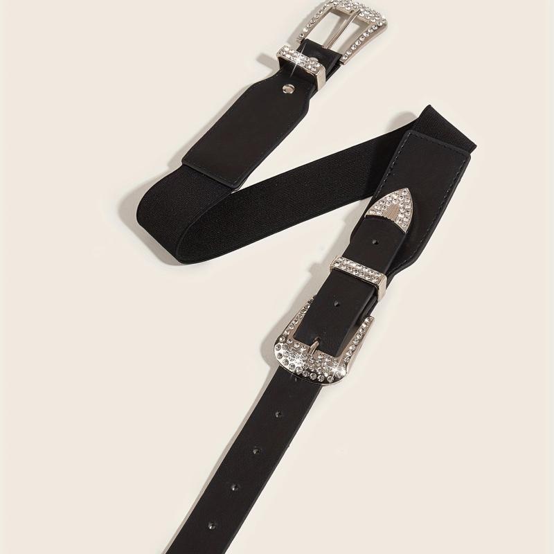 Western Belt Rhinestone Inlaid Buckle PU Leather Elastic Wide Girdle