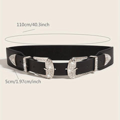 Western Belt Rhinestone Inlaid Buckle PU Leather Elastic Wide Girdle