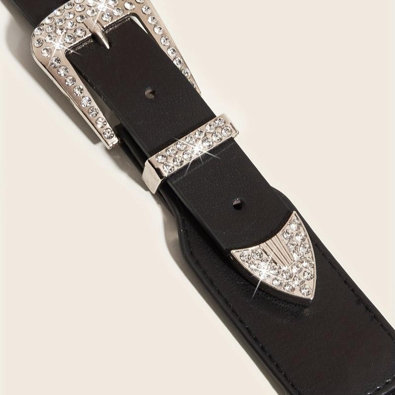 Western Belt Rhinestone Inlaid Buckle PU Leather Elastic Wide Girdle