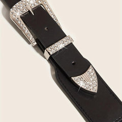 Western Belt Rhinestone Inlaid Buckle PU Leather Elastic Wide Girdle
