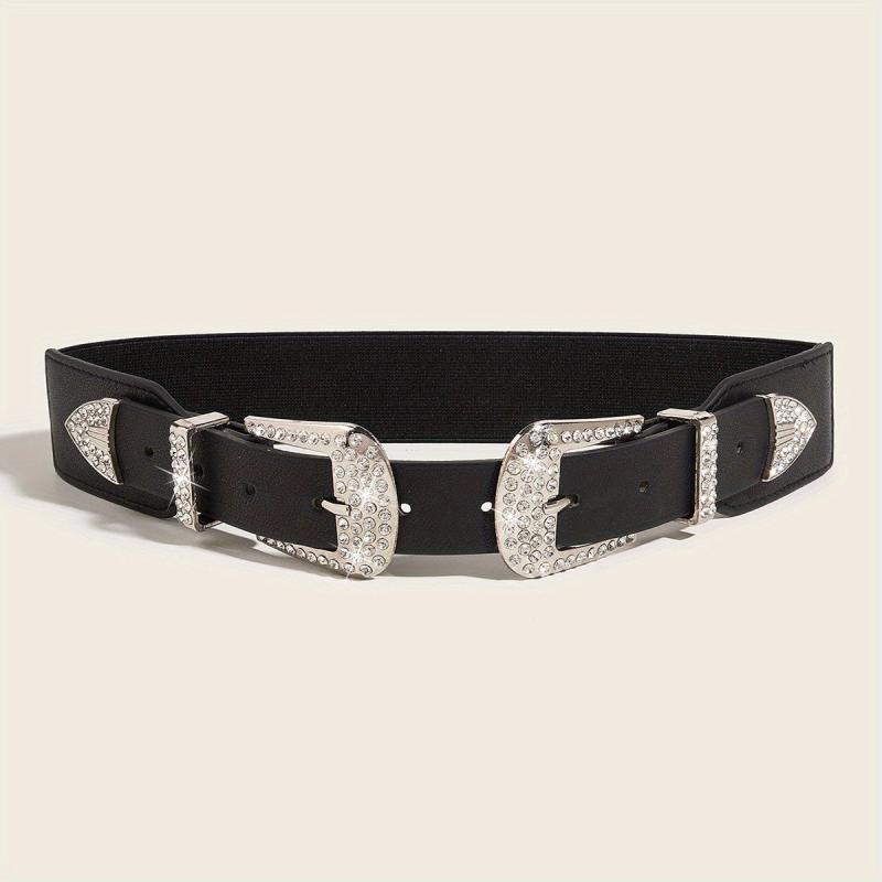 Western Belt Rhinestone Inlaid Buckle PU Leather Elastic Wide Girdle