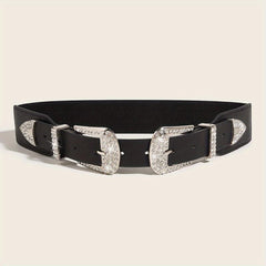 Western Belt Rhinestone Inlaid Buckle PU Leather Elastic Wide Girdle