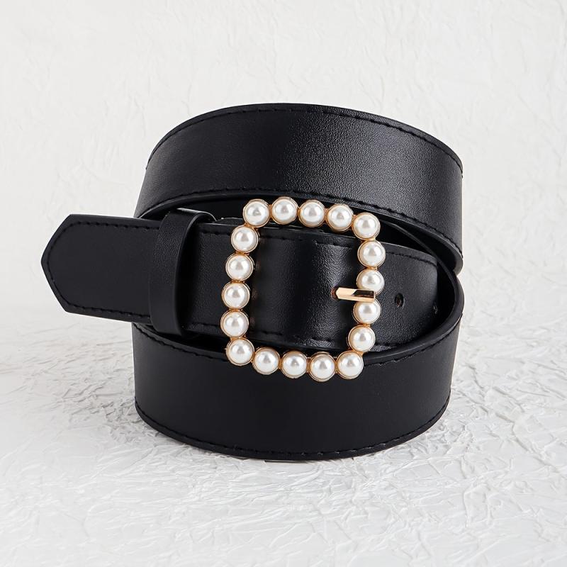 Faux Pearls Buckle Belt Women's Pants Belt Wide Pin Buckle Waistband