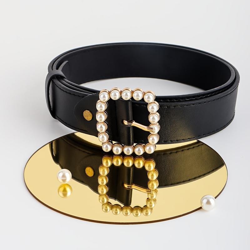Faux Pearls Buckle Belt Women's Pants Belt Wide Pin Buckle Waistband