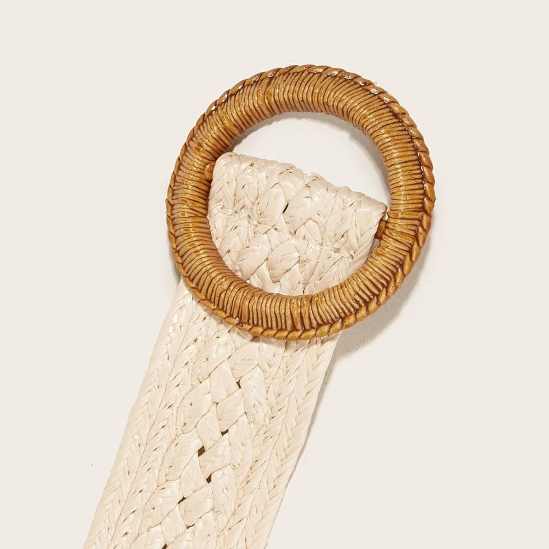 Boho Braided Straw Belt Women's Jeans PP Grass Round Buckle Belt