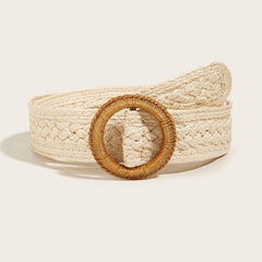 Boho Braided Straw Belt Women's Jeans PP Grass Round Buckle Belt