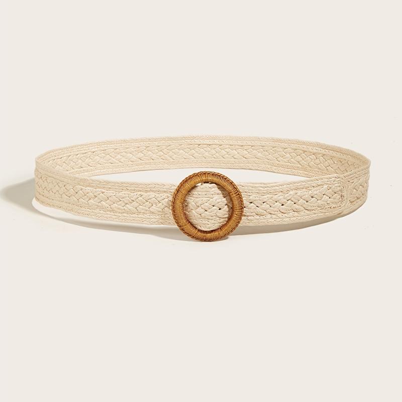 Boho Braided Straw Belt Women's Jeans PP Grass Round Buckle Belt