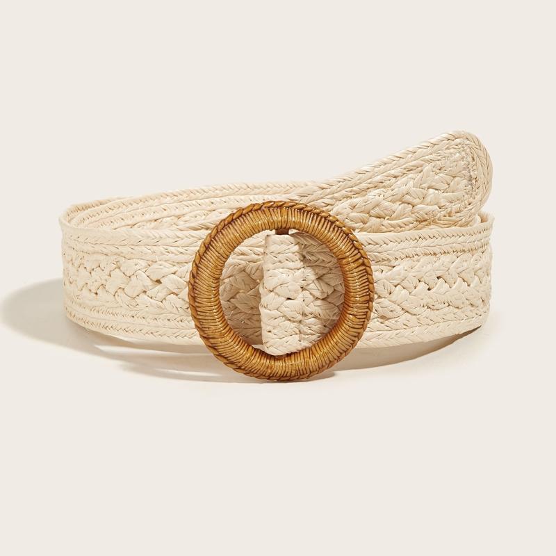 Boho Braided Straw Belt Women's Jeans PP Grass Round Buckle Belt