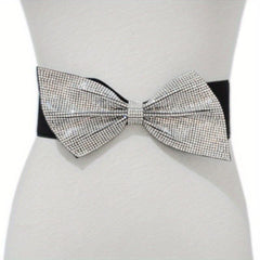 Rhinestone Bow Wide Belt Elastic Waistband Dress Girdle For Women