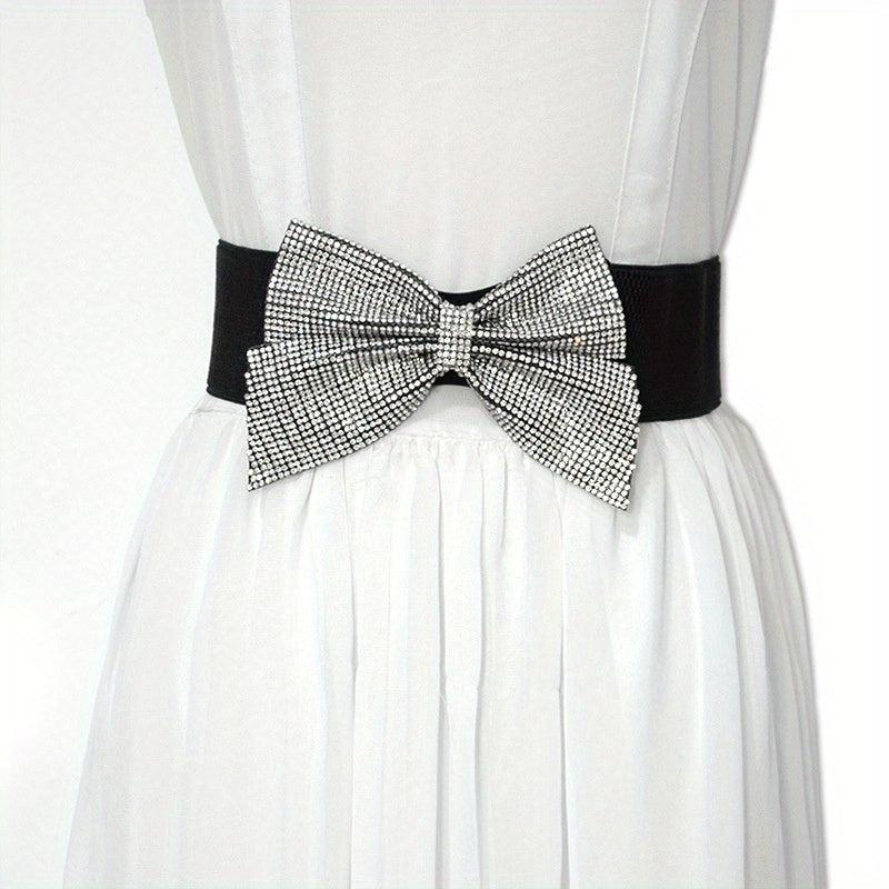 Rhinestone Bow Wide Belt Elastic Waistband Dress Girdle For Women
