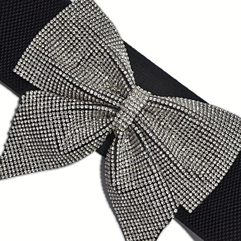 Rhinestone Bow Wide Belt Elastic Waistband Dress Girdle For Women