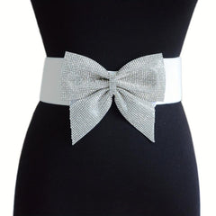 Rhinestone Bow Wide Belt Elastic Waistband Dress Girdle For Women