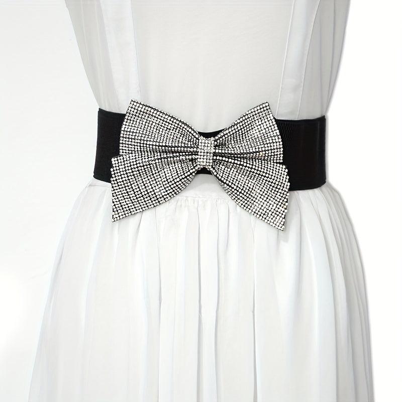 Rhinestone Bow Wide Belt Elastic Waistband Dress Girdle For Women