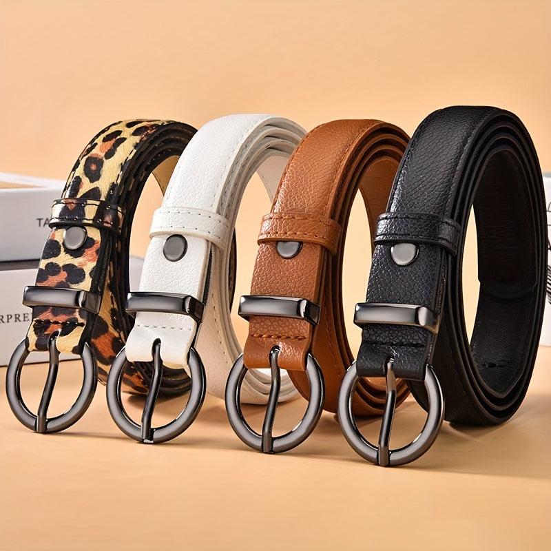 Solid PU Belt Leopard Print Round Buckle Vintage Jeans Pants Belt