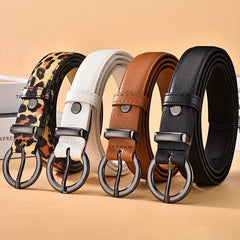 Solid PU Belt Leopard Print Round Buckle Vintage Jeans Pants Belt