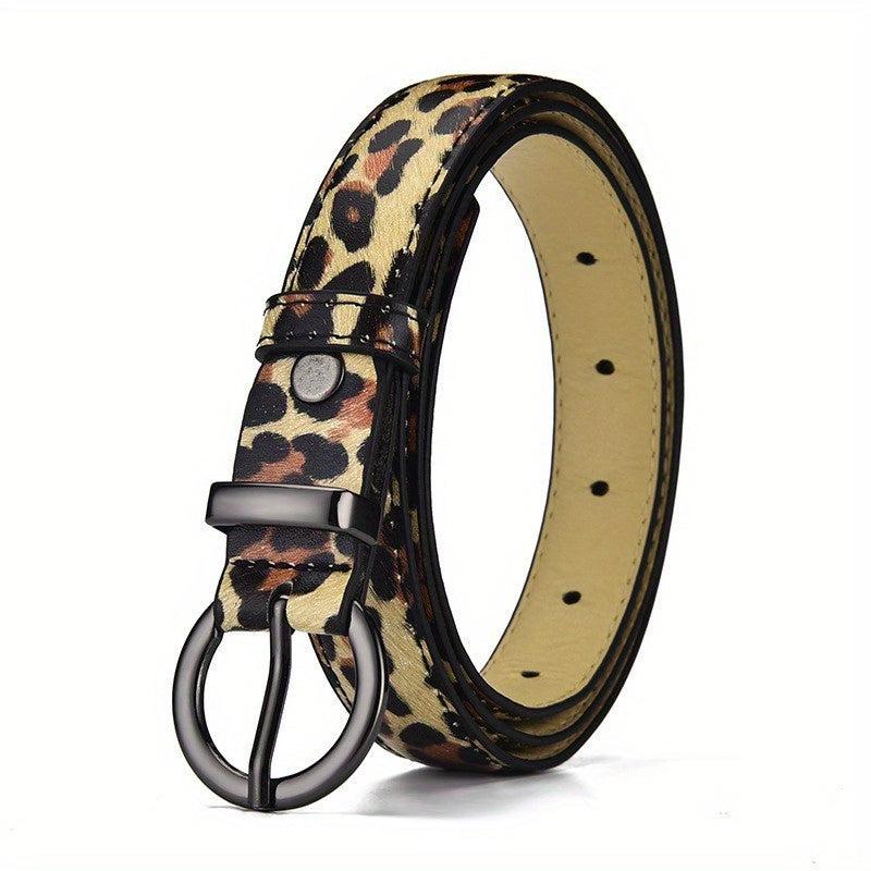 Solid PU Belt Leopard Print Round Buckle Vintage Jeans Pants Belt