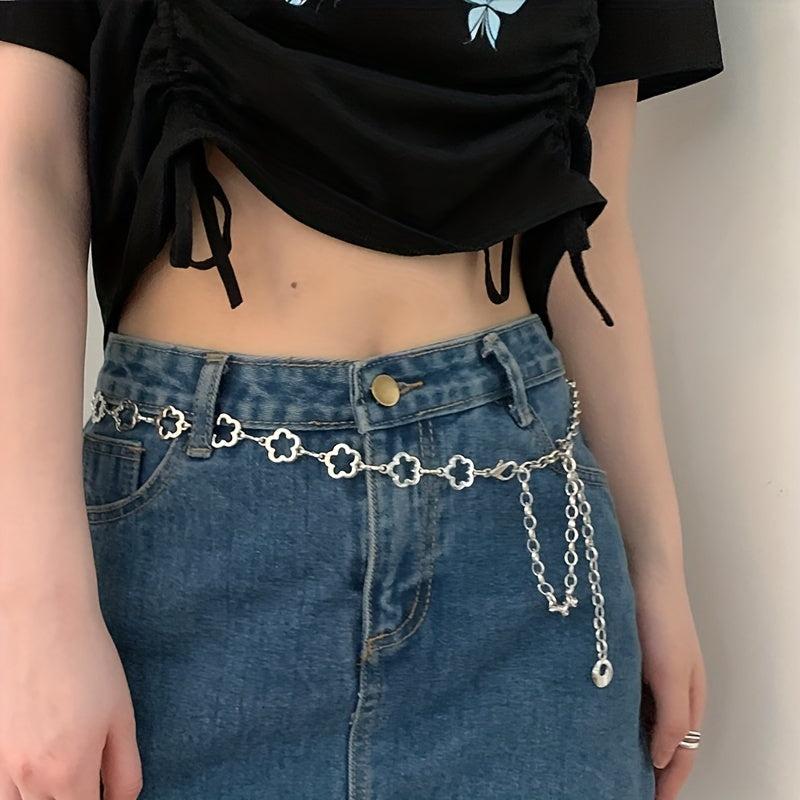 Flower Hollow Waist Chain Silvery Metal Belly Chain for Women