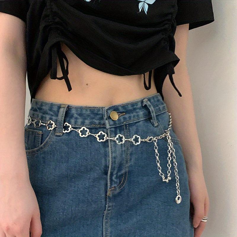 Flower Hollow Waist Chain Silvery Metal Belly Chain for Women