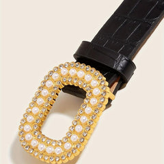 Faux Pearl Oval Buckle Belt PU Leather Thin Belt