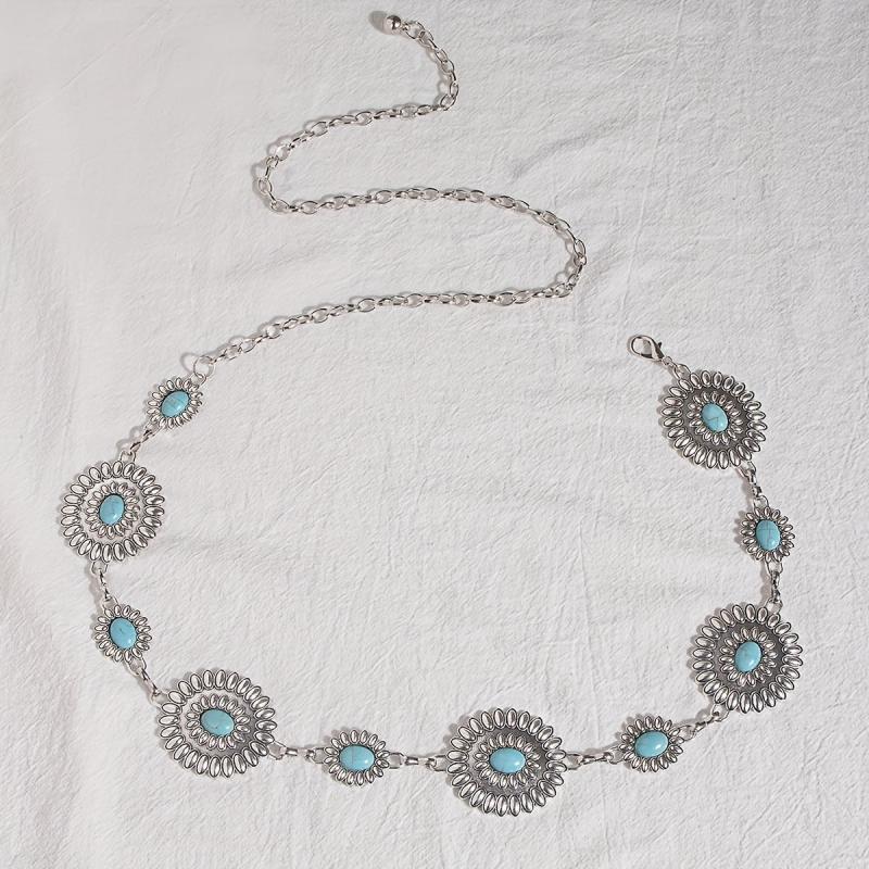 Bohemian Turquoise Waist Chain Western Flower Tassel Belly Chain Dress Accessory